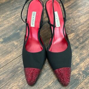 Vintage Lord & Taylor Black Peau De Soie Fabric Slingback Heels w/ Red Crystals